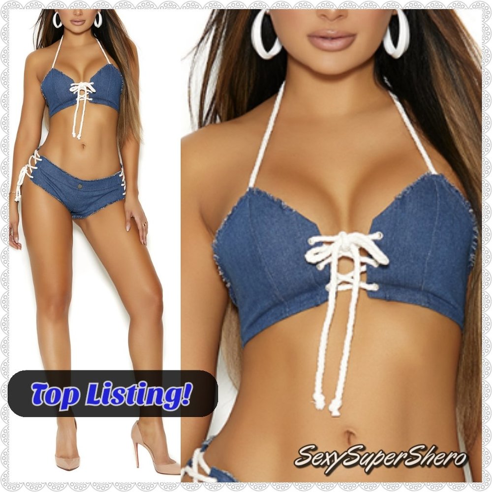SALE!🆕👖Sexy Denim Halter Bikini Top W Lace-Up Front